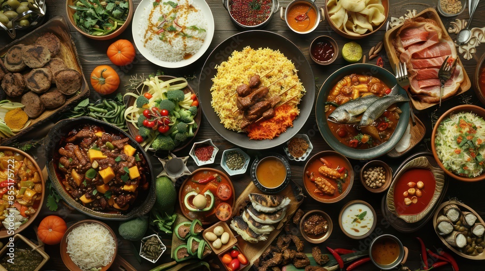 Fototapeta premium Breakfast served with coffee, orange juice, egg, rolls and honey. Balanced diet.