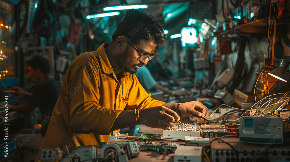 Man in yellow shirt working on electronics Man in yellow shirt working on electronics