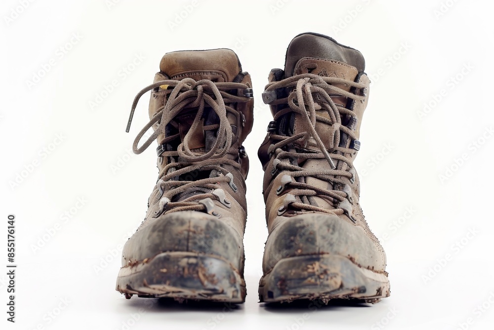 A detailed image of a hiker's sturdy hiking boots, showcasing trail dust and laces tied in a knot on a clear white background. A detailed image of a hiker's sturdy hiking boots, showcasing trail dust and laces tied in a knot on a clear white background.