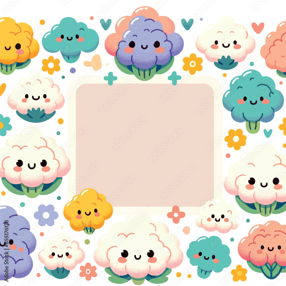 A vibrant collection of kawaii-style frames featuring cute vegetables like peppers, cauliflowers, and cucumbers in bright, flat colors. Ideal for playful designs, kids' projects, and creative decorati A vibrant collection of kawaii-style frames featuring cute vegetables like peppers, cauliflowers, and cucumbers in bright, flat colors. Ideal for playful designs, kids' projects, and creative decorati