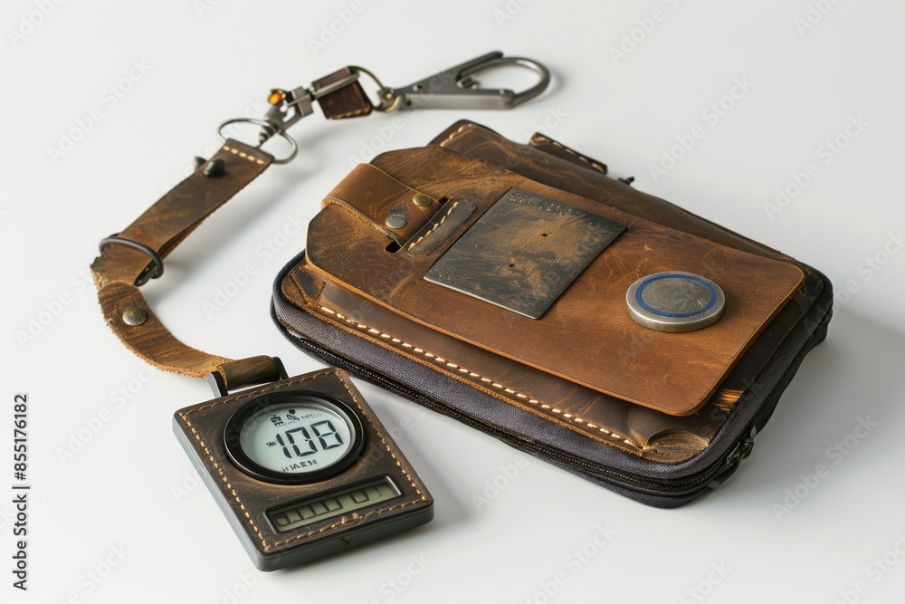 A high-quality image of a leather luggage tag and a digital travel scale placed on a clear white background, showcasing travel essentials. Perfect for e-commerce or advertising use. A high-quality image of a leather luggage tag and a digital travel scale placed on a clear white background, showcasing travel essentials. Perfect for e-commerce or advertising use.