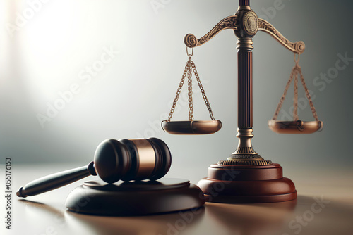 the scales of justice and a judge's gavel on a light background, copy space photo