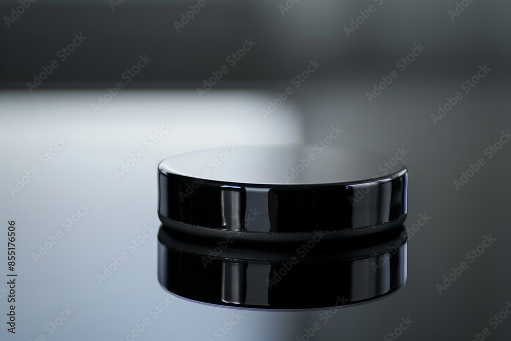 A highly detailed image of a shiny hockey puck, showcasing its smooth surface and precise edges. The puck's reflective surface highlights its polished finish. A highly detailed image of a shiny hockey puck, showcasing its smooth surface and precise edges. The puck's reflective surface highlights its polished finish.