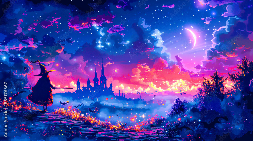Fototapeta premium Pixel art scene of witch walking towards mystical castle under starry sky with glowing crescent moon, capturing magical Halloween atmosphere. Ideal for Halloween games or retro gaming design