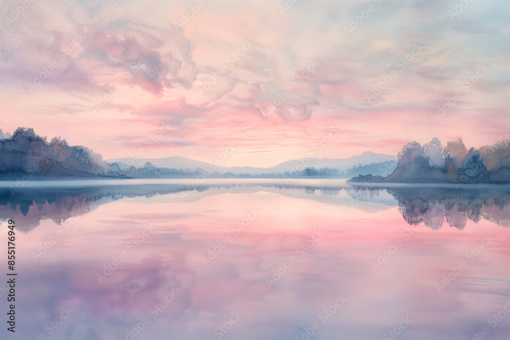 Fototapeta premium Illustration of dawn placid lake reflects soothing pastels of sky above water that captures true essence of peaceful solitude.
