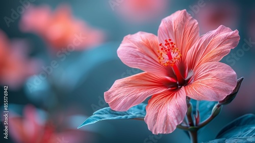 A pink flower with a red center is the main focus of the image photo