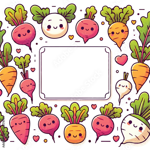 A vibrant collection of kawaii-style frames featuring cute vegetables like peppers, cauliflowers, and cucumbers in bright, flat colors. Ideal for playful designs, kids' projects, and creative decorati photo