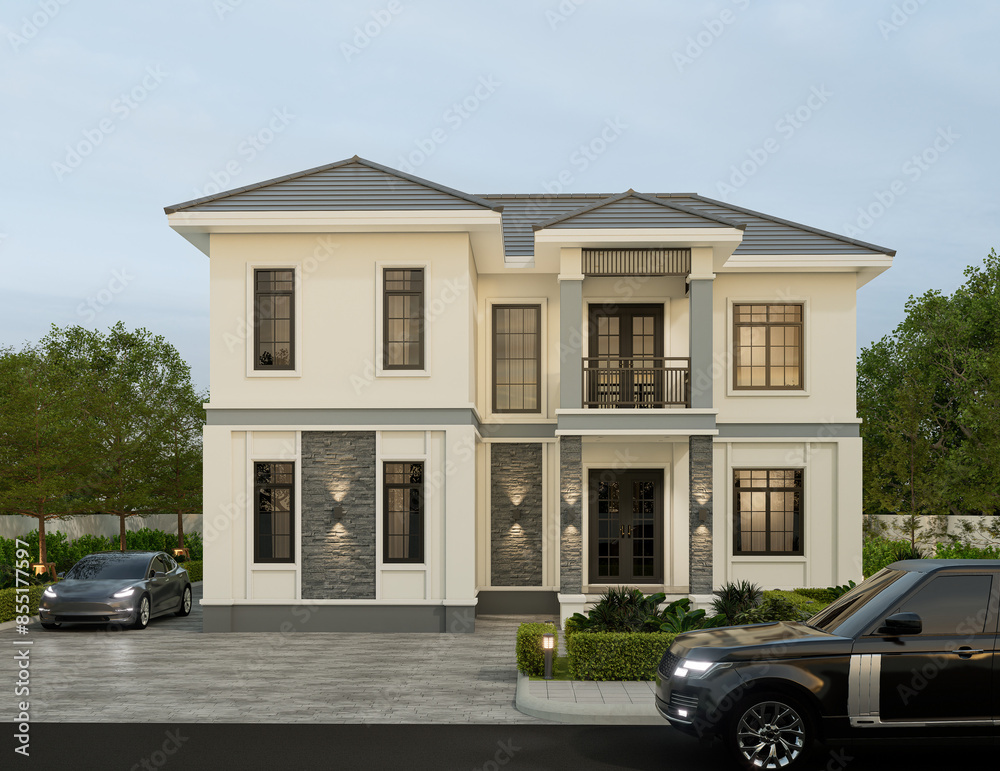 3D illustration, architecture, modern style two-storey house, white, gray roof,rendering with garage and natural scenery background. 3D illustration, architecture, modern style two-storey house, white, gray roof,rendering with garage and natural scenery background.