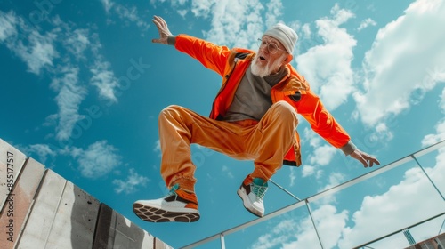 Senior Man Jumping in Urban Outfit
