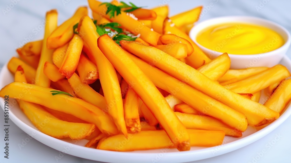 A plate of French fries with a yellow sauce on the side. A plate of French fries with a yellow sauce on the side.