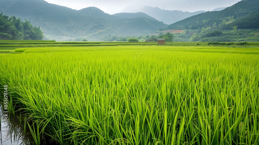 Fototapeta premium a field of green grass with mountains in the background