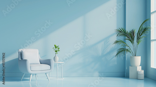 Interior do quarto em cor azul pastel monocromático liso com móveis e acessórios de quarto. Fundo claro com espaço de cópia. Renderização 3D para fundos de páginas da web, apresentações ou molduras. photo