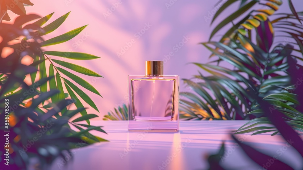 Perfume bottle with a rectangular body and a rounded cap, set against a pastel purple background with palm leaves casting shadows around it Perfume bottle with a rectangular body and a rounded cap, set against a pastel purple background with palm leaves casting shadows around it