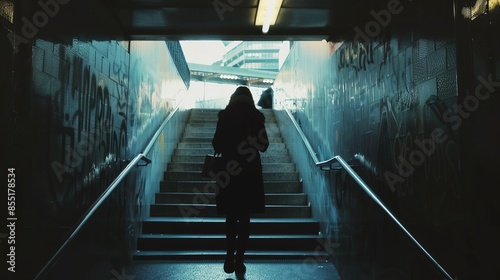 a woman walking down a flight of stairs in a building with graffiti on the walls photo