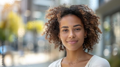 a woman with curly hair and a white shirt is smiling at the camera while standing on a city street