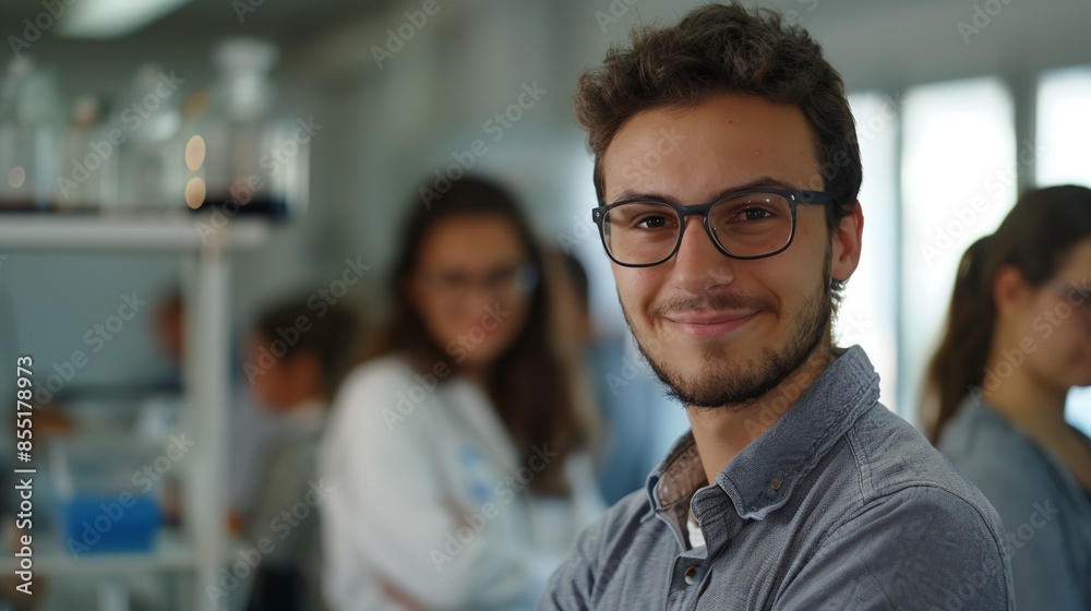 a man with glasses standing in front of a group of people in a lab area with beakers on a man with glasses standing in front of a group of people in a lab area with beakers on