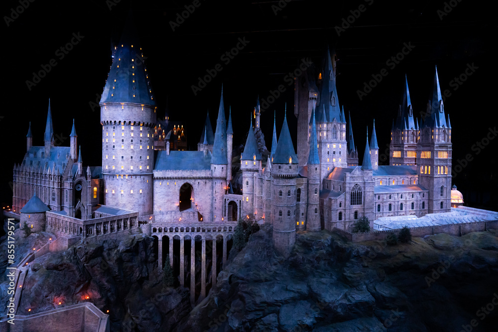Naklejka premium JAPAN - Nov 13, 2023: Stunning night view of Hogwarts Castle, beautifully illuminated showcasing iconic towers and intricate architecture at Warner Bros. Studio Tour Tokyo, The Making of Harry Potter