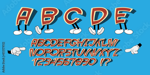 Funny paper retro font, alphabet 3d style letters and numbers