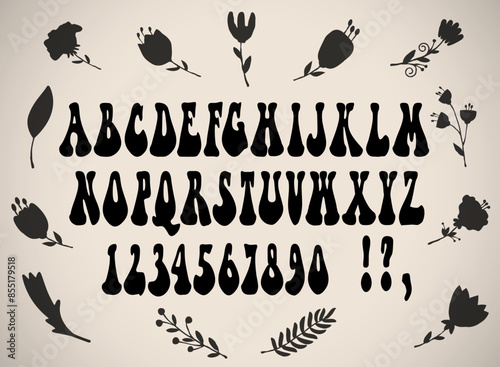 Black retro groovy hippie bohemian funky font alphabet psychedelic style