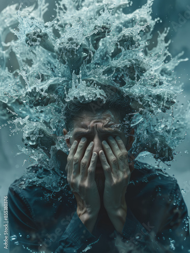 A person surrounded by voices, representing auditory hallucinations in schizophrenia.