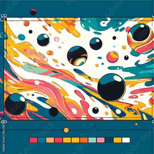 A collection of vibrant, abstract oil slick patterns in various compositions, inspired by 1960s and 1970s styles. Featuring colorful swirls, bubbles, and gradients in bold palettes, perfect for creati photo