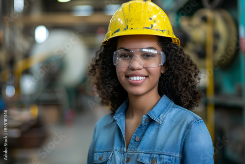 A confident young woman with curly hair wearing safety gear including a hard hat and goggles in an industrial setting, smiling brightly © mankjon