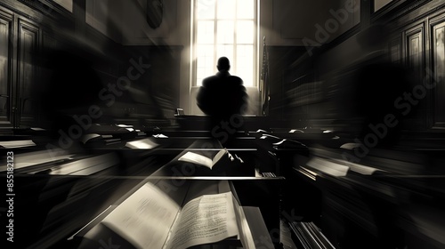 Dark courtroom with a silhouette of a judge and blurred faces of defendants, surrounded by legal books and documents, evoking a sense of fear and uncertainty