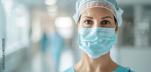 A woman wearing a surgical mask and a white cap