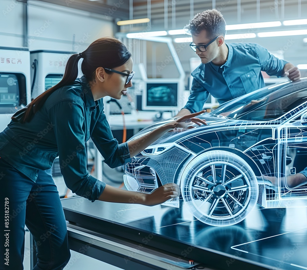 Automotive Engineers Collaborating on Vehicle Design with Holographic Interface in Modern Lab Automotive Engineers Collaborating on Vehicle Design with Holographic Interface in Modern Lab