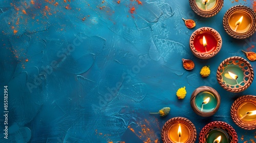 Diwali celebration background with colorful clay diya lamps lit on a textured blue surface, ideal for festive and cultural themes