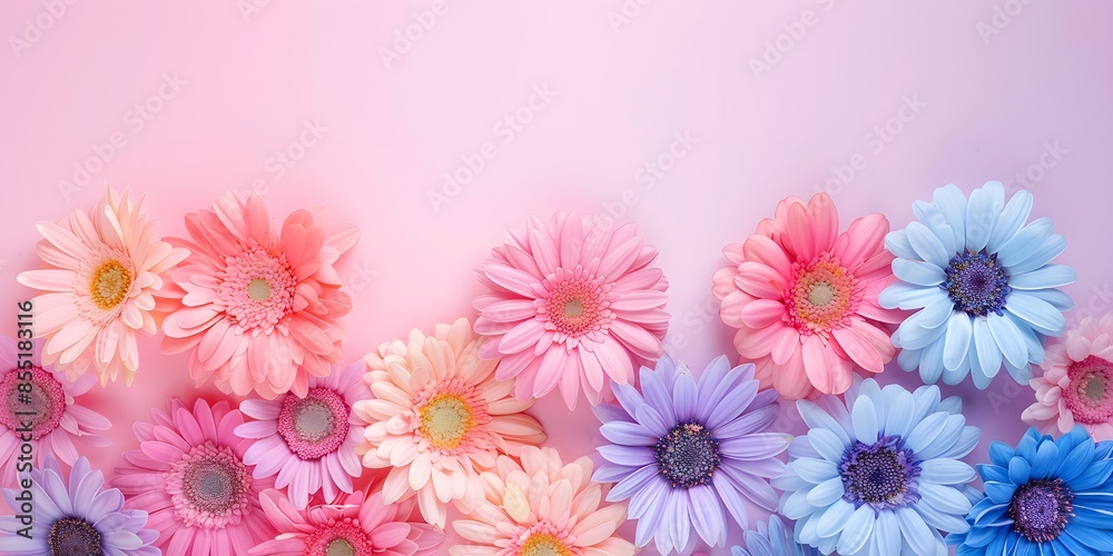 Colorful Gerbera Daisies in Pink, Peach, and Blue Shades Arranged on Gradient Pink and Purple Background, Ideal for Cheerful and Festive Designs Colorful Gerbera Daisies in Pink, Peach, and Blue Shades Arranged on Gradient Pink and Purple Background, Ideal for Cheerful and Festive Designs