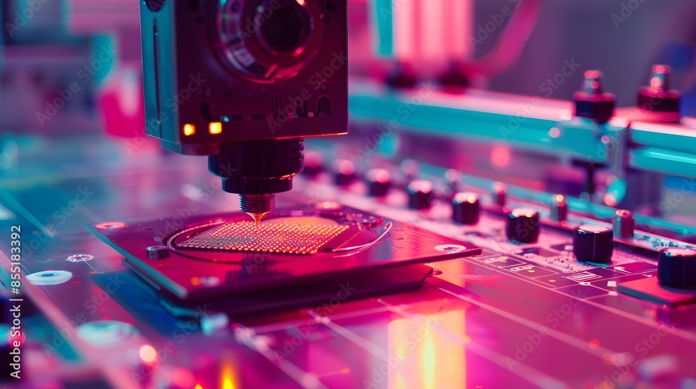 High-Precision Machine Working on a Semiconductor Wafer in a Lab with Pink and Blue Lighting High-Precision Machine Working on a Semiconductor Wafer in a Lab with Pink and Blue Lighting