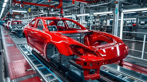Close-up of red car chassis in advanced automated car manufacturing factory