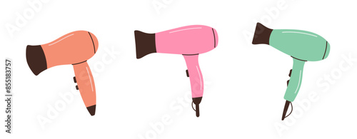 Vector set of multi-colored hair dryers