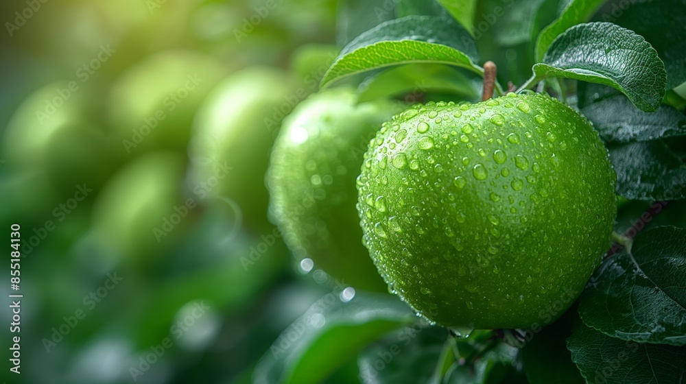 Close-up fresh green apples dew hanging branch lush orchard misty morning Close-up fresh green apples dew hanging branch lush orchard misty morning