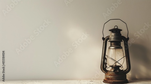Vintage kerosene lamp displayed against a white wall photo