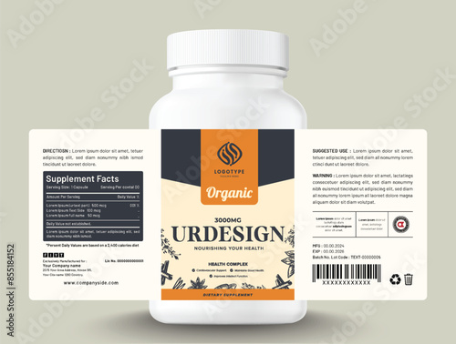 Food supplement vitamin herbal label sticker design dietary organic capsule modern bottle jar box packaging.