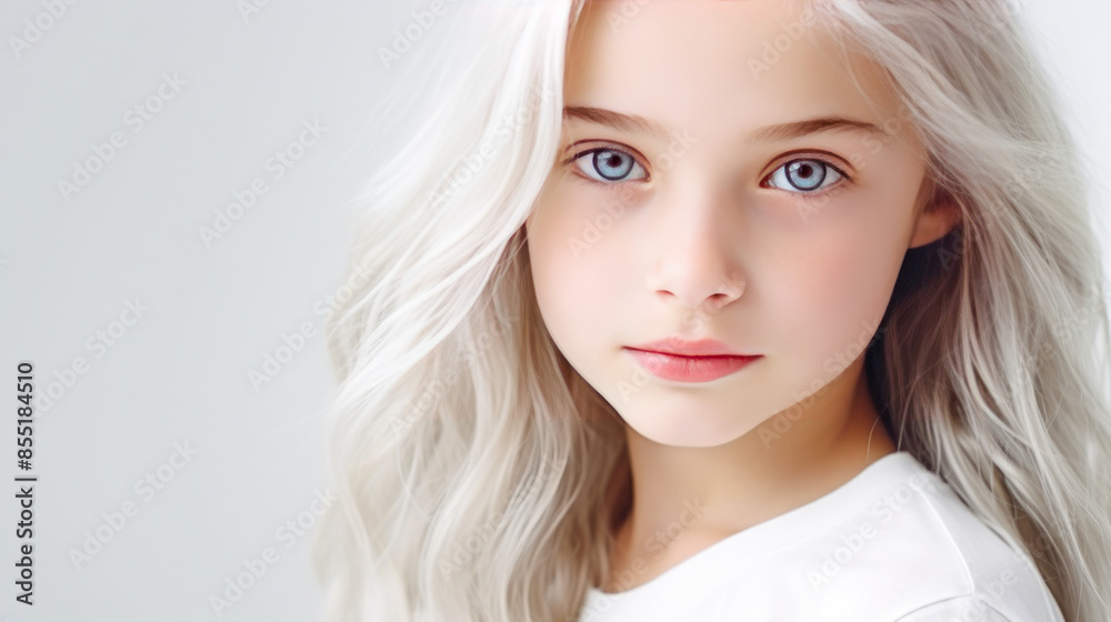 Fototapeta premium Portrait of a chic cute beautiful blonde child girl with long white hair and perfect skin, white background, banner.