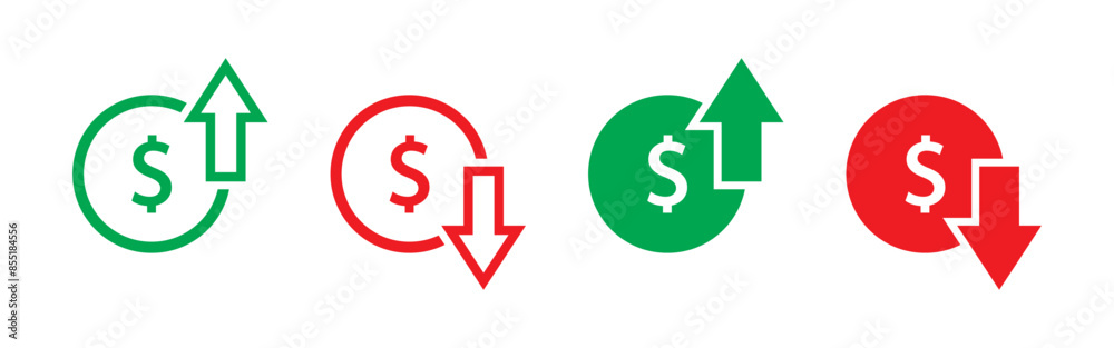 Dollar price increasing and decreasing icon set in green and red color. Currency rising and falling symbol set. Dollar coin with up and down arrow with outline and fill isolated on white background. Dollar price increasing and decreasing icon set in green and red color. Currency rising and falling symbol set. Dollar coin with up and down arrow with outline and fill isolated on white background.