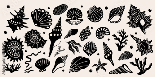 Abstract sea shells, plants shapes and forms vector illustration set for design. Different types of exotic underwater seashells marine aquatic ocean summer decorative, funky elements collection.