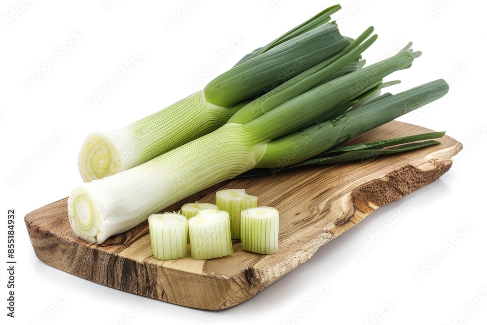 Fresh green onions arranged on a wooden cutting board Fresh green onions arranged on a wooden cutting board