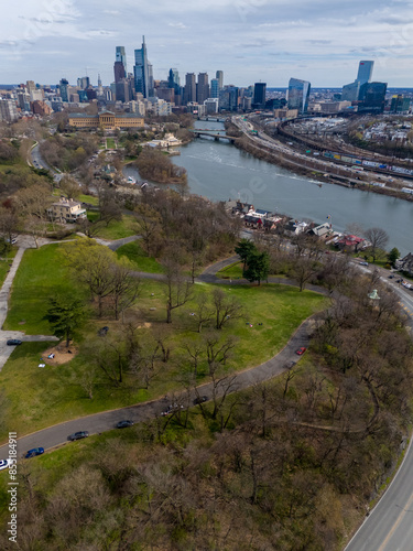 Aerial shots of Philadelphia Schulkill River and Boathouse Row
