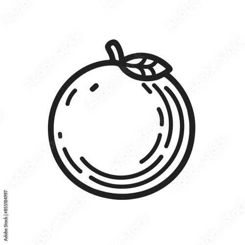 A black and white drawing of an orange with a leaf on top. The drawing is simple and clean, with the focus on the fruit and its natural beauty. The use of black