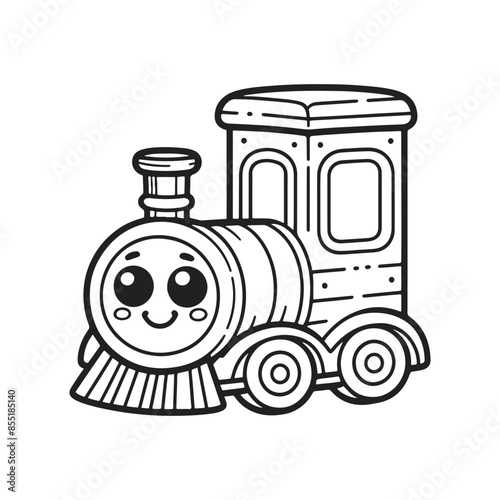 A cartoon train with a smiling face. The train is black and white