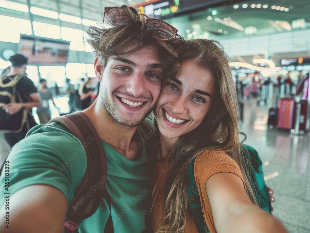 Cute couple of young people smiling having fun in the airport taking a selfie together looking at the camera enjoying vacations time.. Cute couple of young people smiling having fun in the airport taking a selfie together looking at the camera enjoying vacations time..