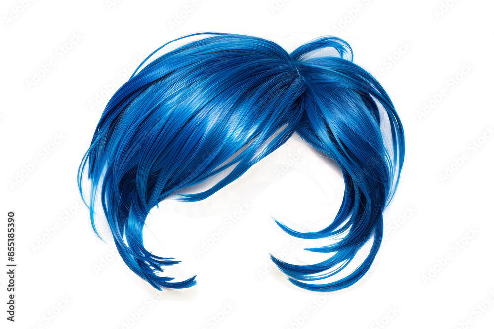 Edgy asymmetrical hair wig with shaved sides and vibrant blue highlights, isolated on white background, front view, fashionable hairstyle concept. Edgy asymmetrical hair wig with shaved sides and vibrant blue highlights, isolated on white background, front view, fashionable hairstyle concept.
