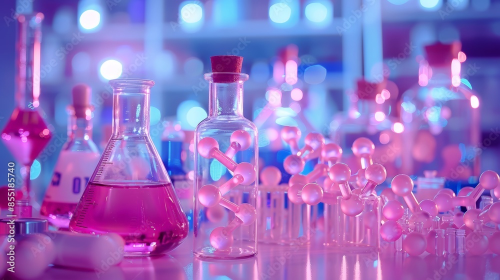 Laboratory scene with pink and purple glassware and molecular models under neon lighting, focuses on pharmaceutical research and development, innovation advanced scientific experimentation. Laboratory scene with pink and purple glassware and molecular models under neon lighting, focuses on pharmaceutical research and development, innovation advanced scientific experimentation.