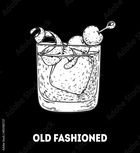 Old fashioned cocktail illustration. Hand drawn sketch. Vector illustration. Isolated object.