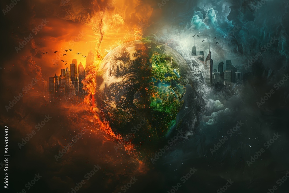 Digital painting depicting earth half consumed by fossil fuel smoke and half flourishing with clean energy solutions. critical impact of carbon credits on environment, Digital painting depicting earth half consumed by fossil fuel smoke and half flourishing with clean energy solutions. critical impact of carbon credits on environment,
