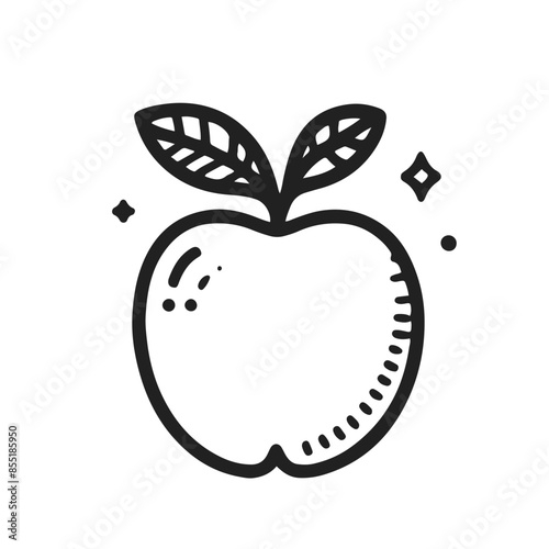 A black and white drawing of an apple with a leaf on top. The apple is the main focus of the image, and the leaf adds a touch of nature to the design. Scene is simple and elegant